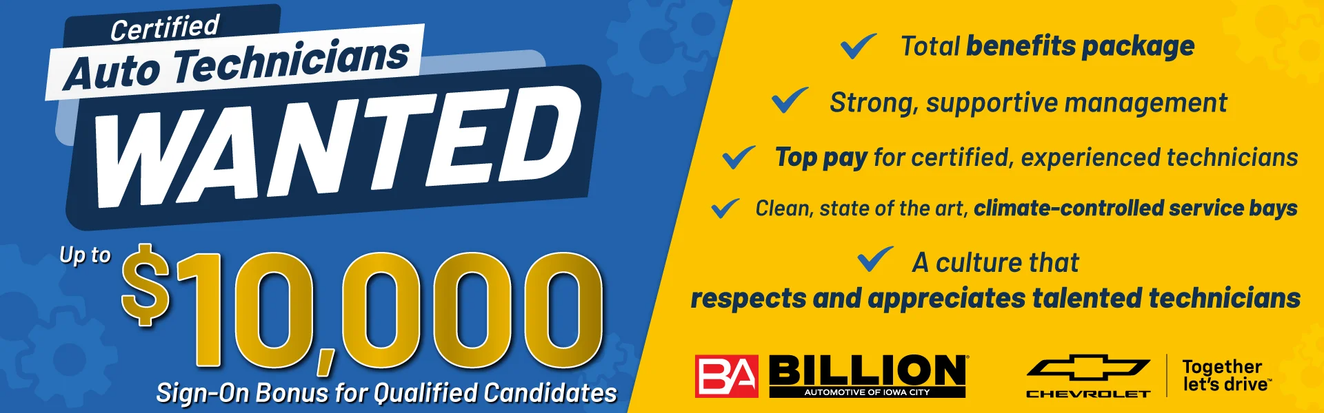 Certified Auto technician Wanted at Billion Buick GMC of Iowa City in IOWA CITY IA